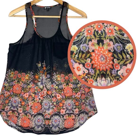 Y2K Lily White Floral Sheer Tank Top Women S Black Whimsigoth Feminine Boho Chic - Picture 1 of 8
